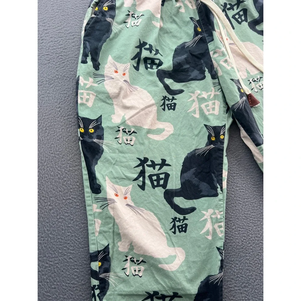 Kidoriman Pajama Pants Lounge Womens Sz M Green Cats Japanese Kanji Drawstring - Picture 5 of 14